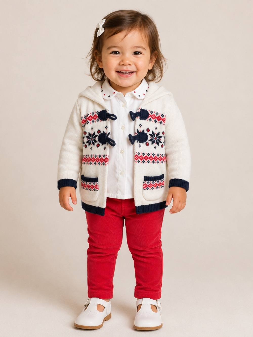 4 pieces: Jacadi top, Fair Isle cardigan, ribbed pants, heart shirt